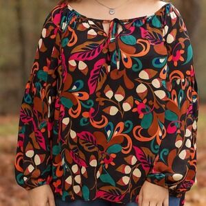 Haptics‎ Women's Floral Paisley Tie Neck Long Sleeve Peasant Top sz 2X Boho Fall